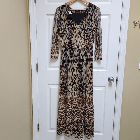 ECI Dress Size Large Animal Print Maxi Blouson Stretch Waist Sheer Lined Flowy - Picture 3 of 11